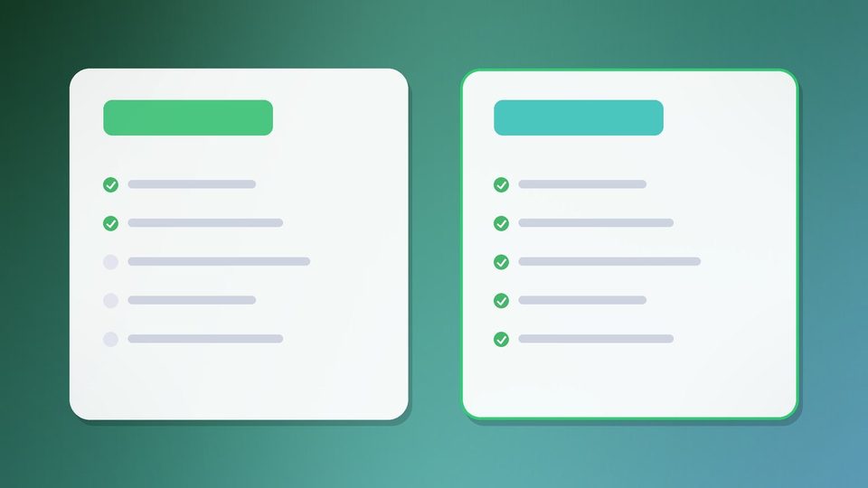 Two cards side by side, the left one with two ticked rows and the right one with five