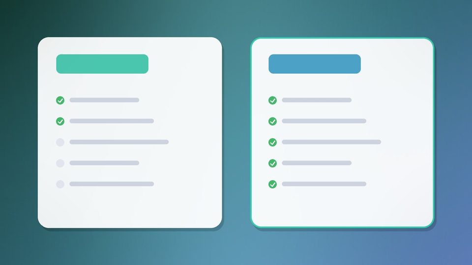 Two cards side by side, each with several rows, some ticked and some left open