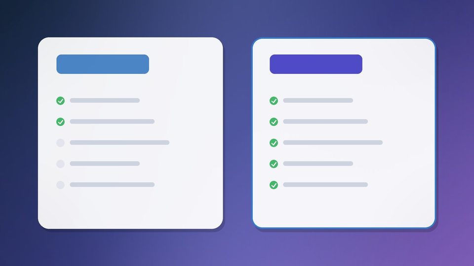 Two cards side by side, the left one with two ticked rows and the right one with five