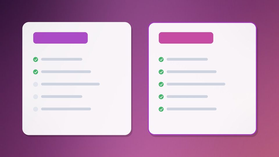Two cards side by side, the left one with two ticked rows and the right one with five