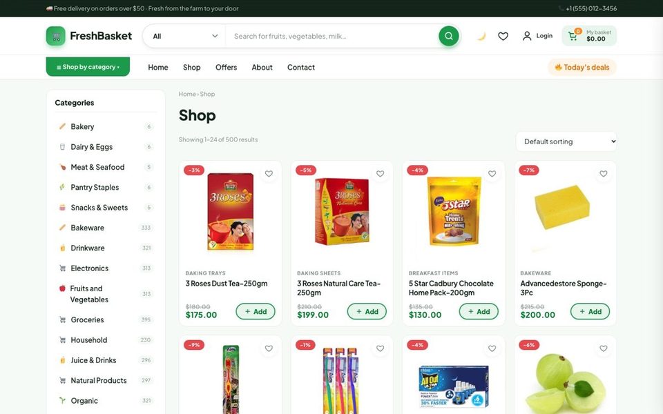 FreshBasket shop page with one-tap add to cart, wishlist and category filters