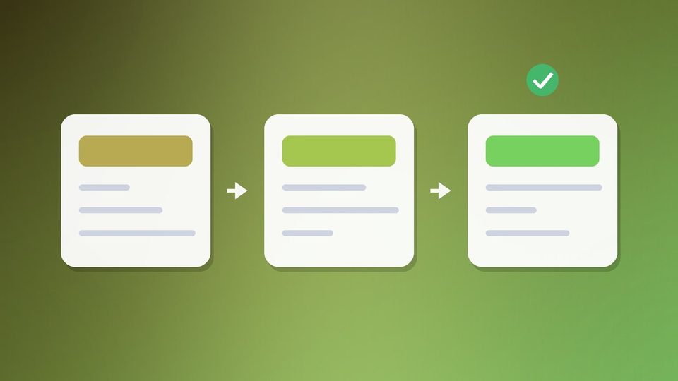 Three cards joined by arrows from left to right, the last one marked with a green tick