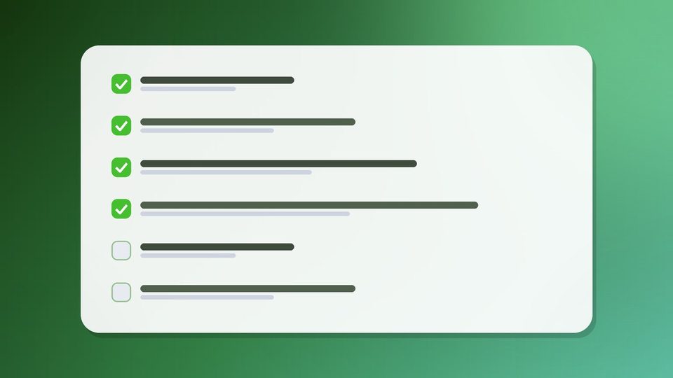 A checklist card with six rows, four ticked and two still open