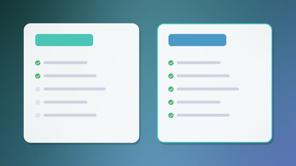 Two cards side by side, the left one with two ticked rows and the right one with five