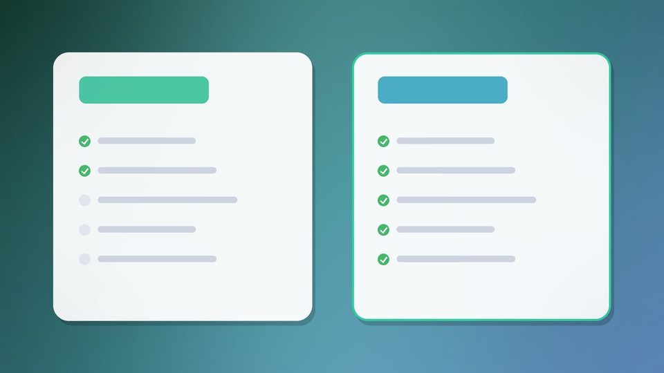 Two cards side by side, the left one with two ticked rows and the right one with five