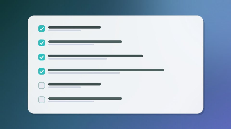 A checklist card with six rows, four ticked and two still open