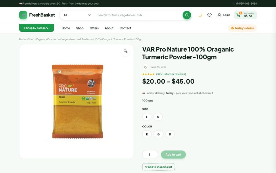 FreshBasket product page with variation buttons, a delivery estimate and trust badges