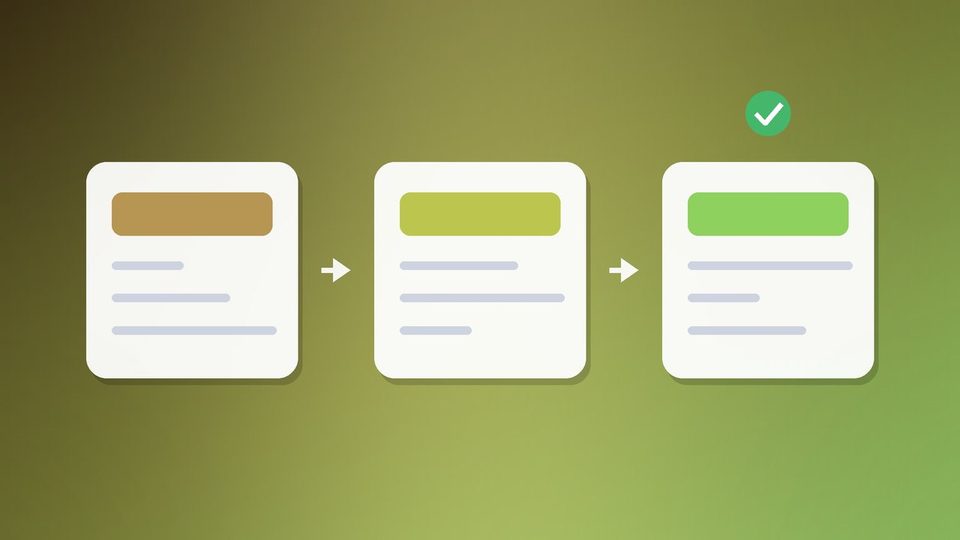 Three cards joined by arrows from left to right, the last one marked with a green tick