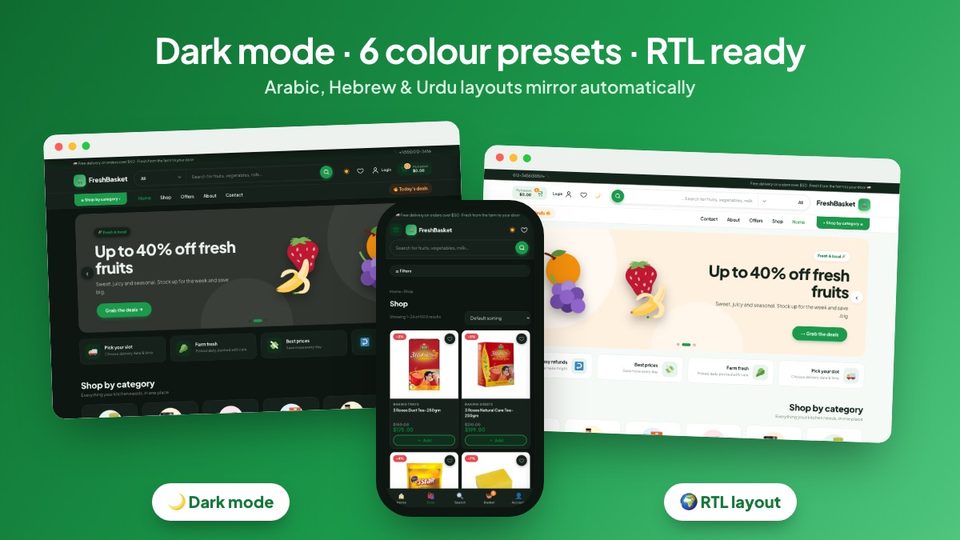 Dark mode and RTL Arabic layout of the grocery theme