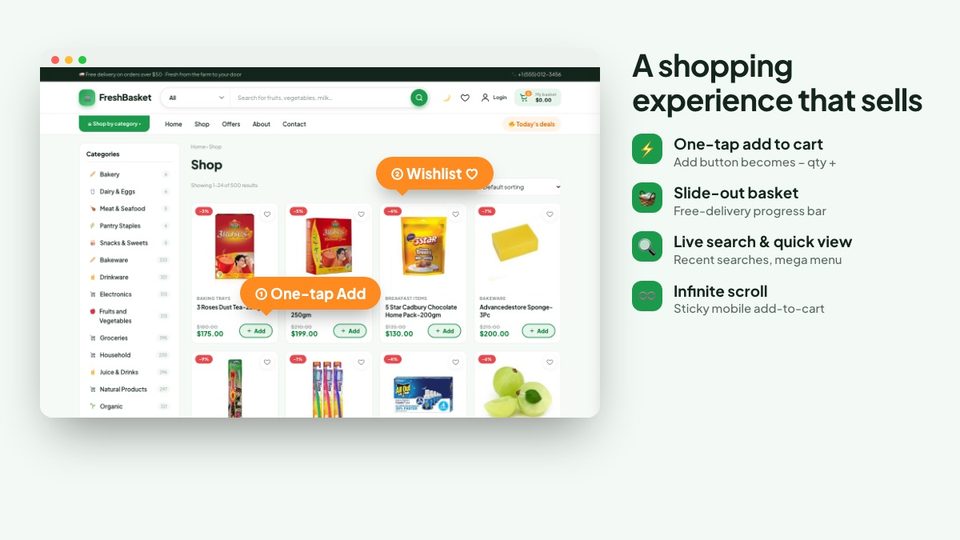 Grocery shop page with one-tap add to cart and wishlist