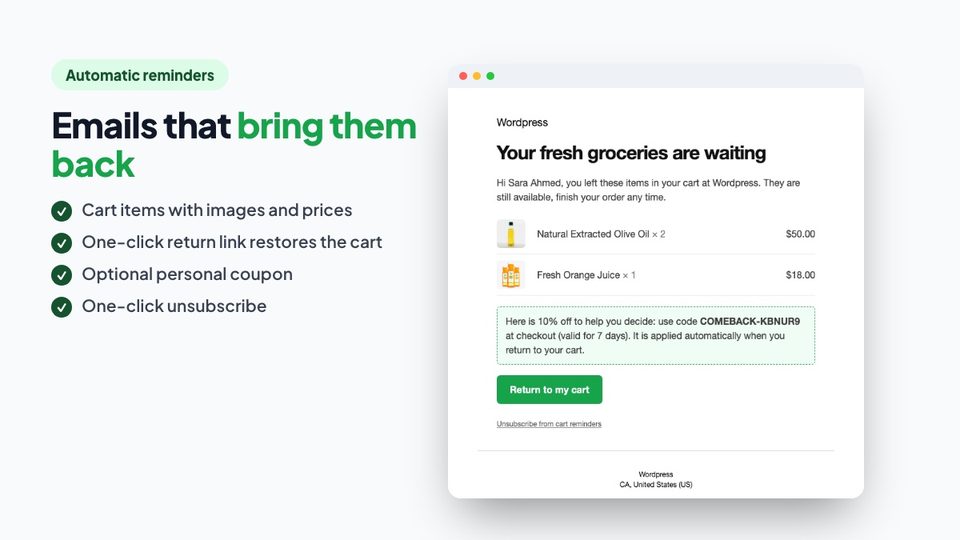 Cart recovery email with items, coupon and return button