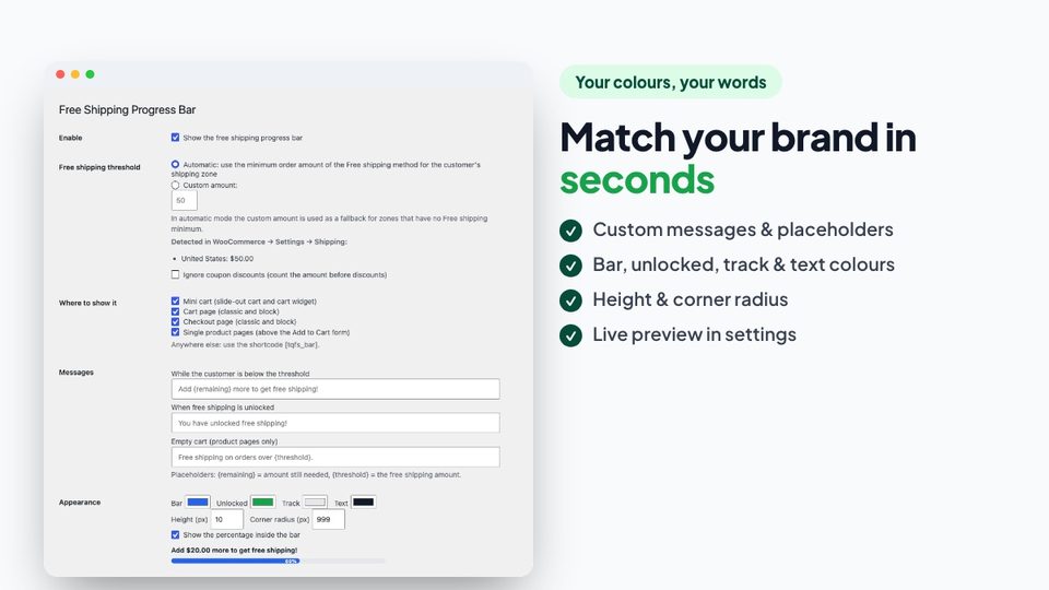 Free shipping bar settings with live preview