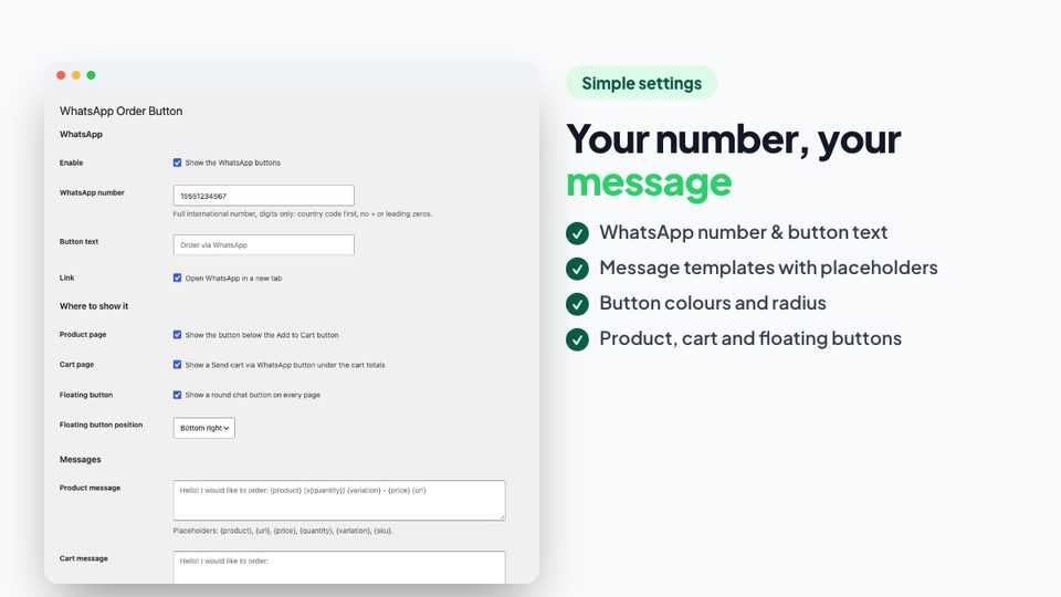 WhatsApp button settings: number, message and colours