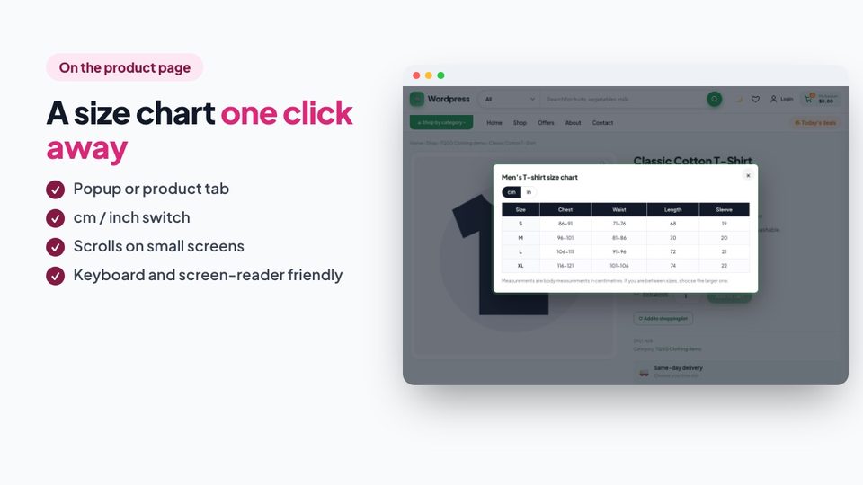 Size chart popup on a product page