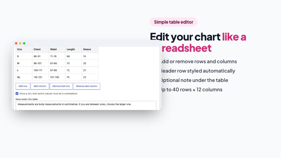 Size chart table editor in the admin
