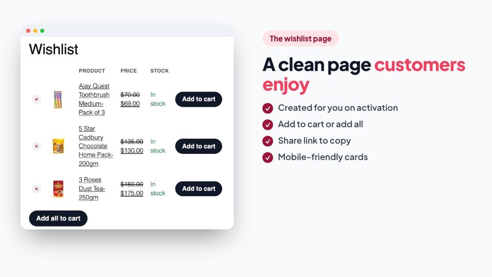 Wishlist page with add to cart and a share link