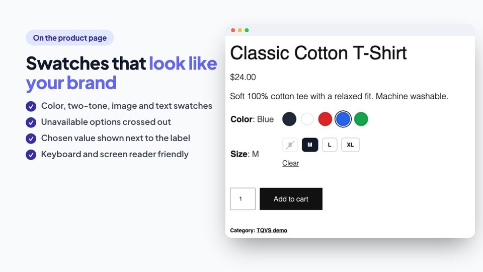 Color and button swatches on a product page