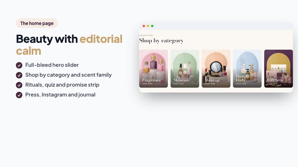 Aurelia home page: hero slider and shop by category tiles