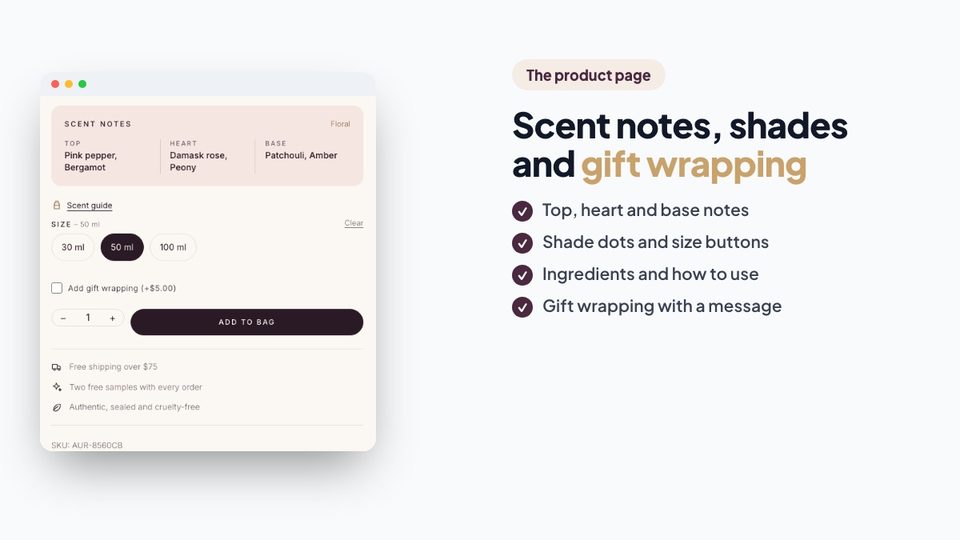 Product page with scent notes, size buttons and gift wrapping