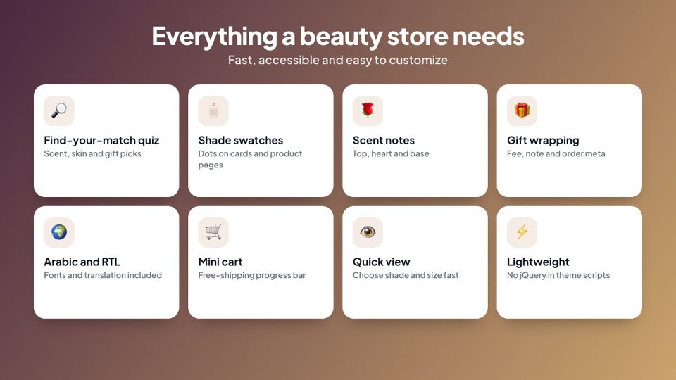 Aurelia theme features: quiz, shade swatches, scent notes, gift wrapping and Arabic RTL