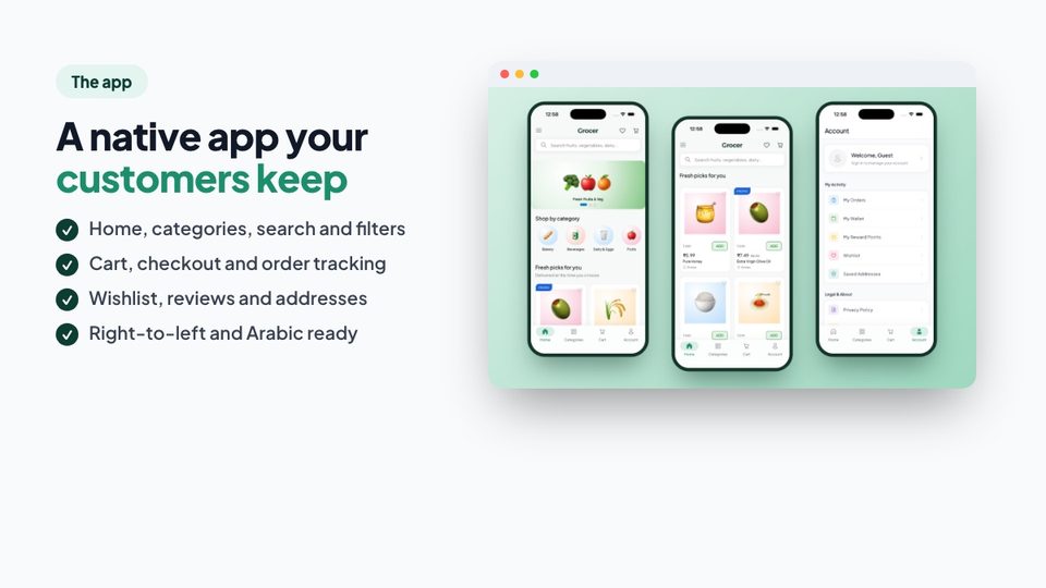 Flutter shopping app for a grocery store: home, product grid and account