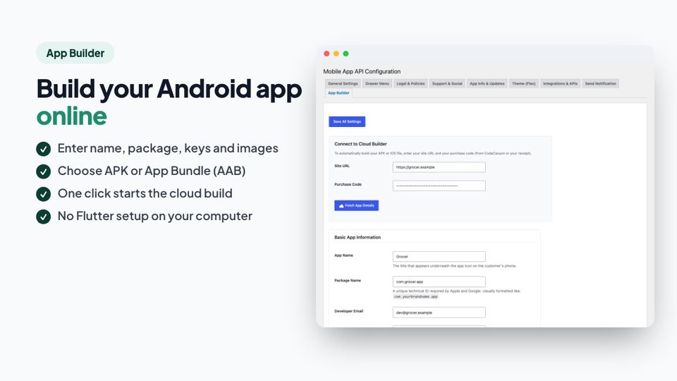 The App Builder tab: app details, keys, images and build button