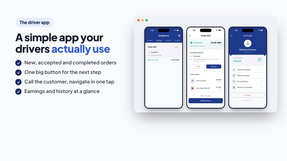 Delivery driver app: order list, order details and driver earnings