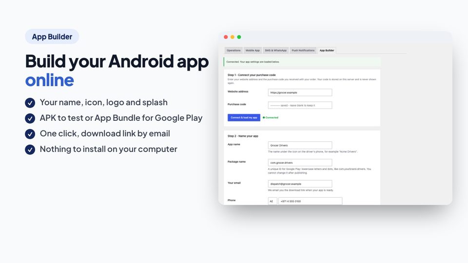 The App Builder tab: app name, package name, icon, Firebase file and build button
