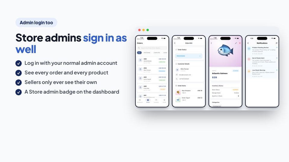شاشات الطلبات وتفاصيل الطلب والمنتج والإشعارات في تطبيق البائع