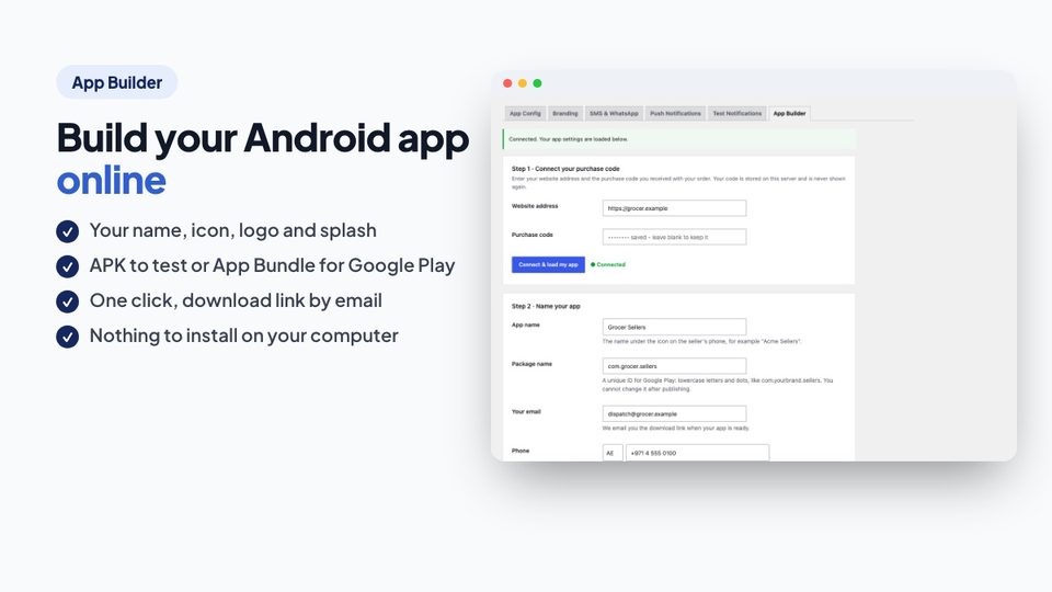 تبويب منشئ التطبيق: اسم التطبيق والحزمة والأيقونة وملف Firebase وزر البناء