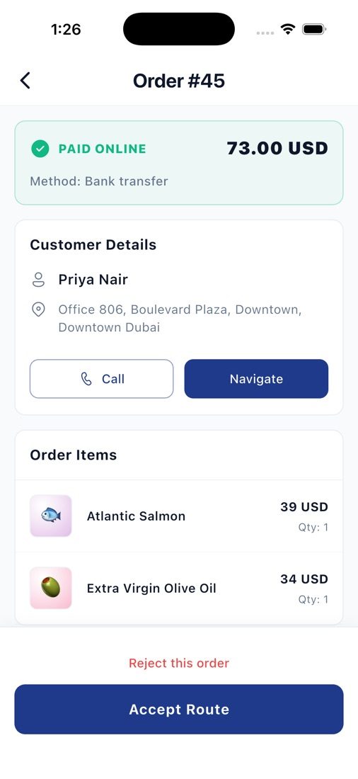 Order details with Call and Navigate buttons