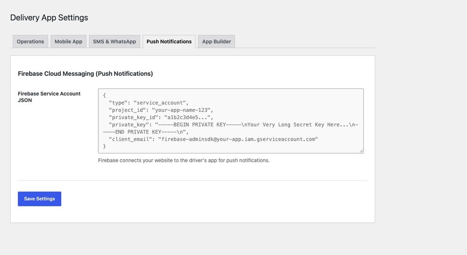 Push Notifications tab: paste the Firebase service account file here.