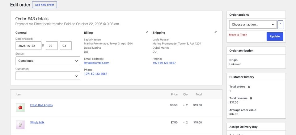 The order screen: the Assign Delivery Boy box is in the right column.