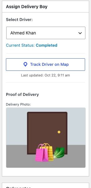 A finished delivery: status, driver position and the delivery photo.