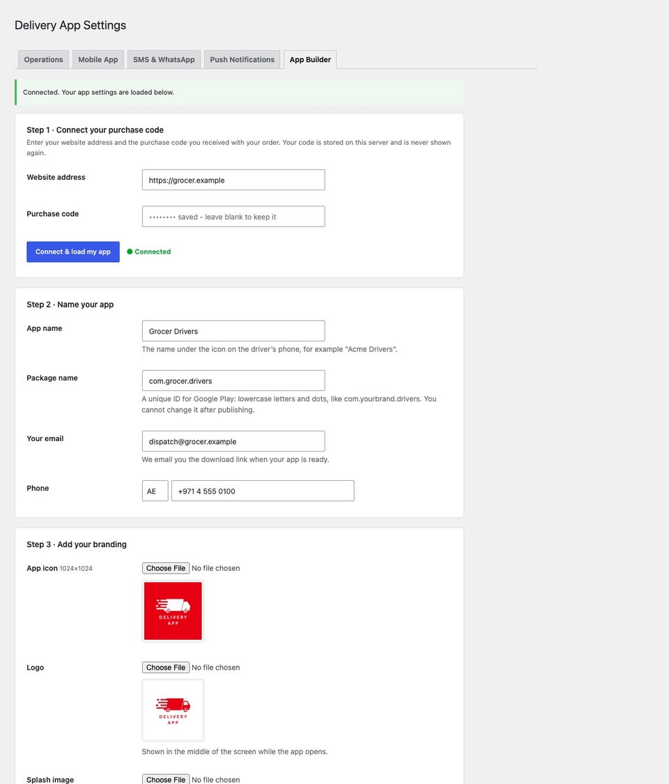 Settings → Delivery App → App Builder.
