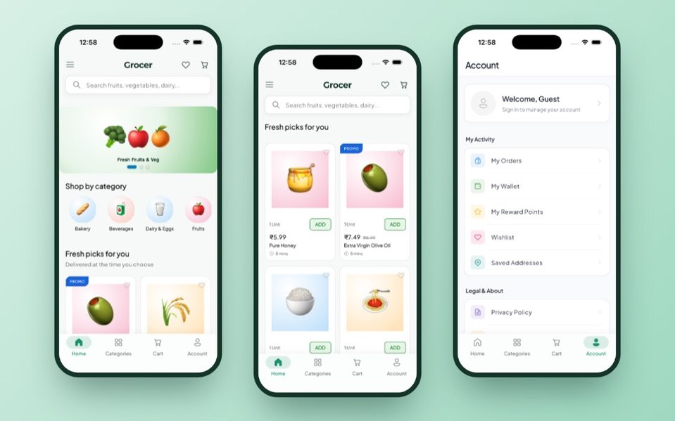 The app, running on a phone: home screen, product list and account page.