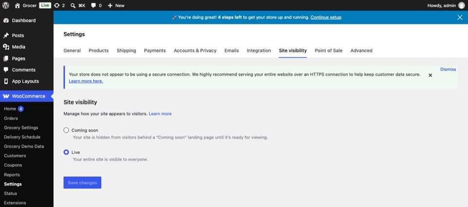 WooCommerce → Settings → Site visibility: choose Live.
