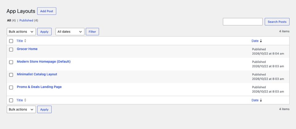 App Layouts: your app screens. Three samples are included; edit one or add your own.