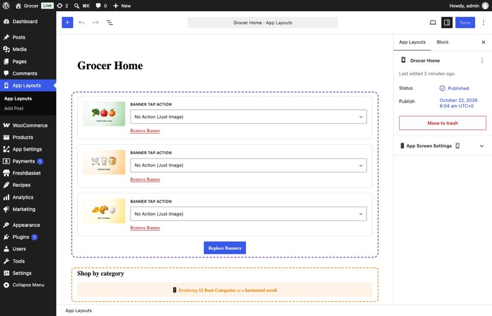 The layout editor: three banners, then a row of categories (a products block comes below).