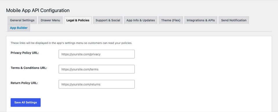 Links to your privacy, terms and returns pages.