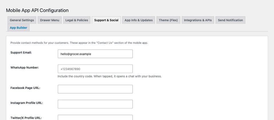 Contact details shown in the app's Contact Us area.