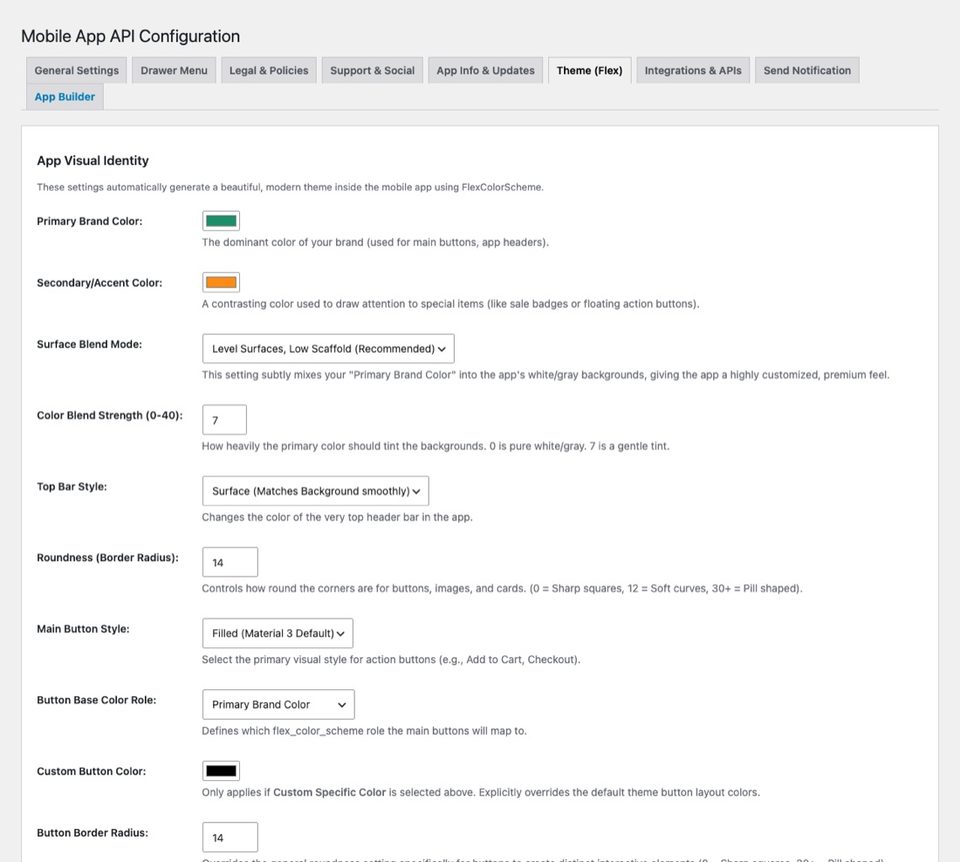 Theme settings: colours, corners and buttons of the whole app.