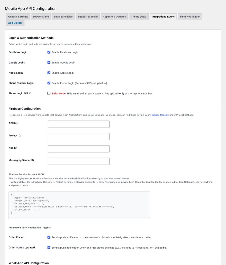 App Settings → Integrations & APIs: login methods at the top, then Firebase and notification options.