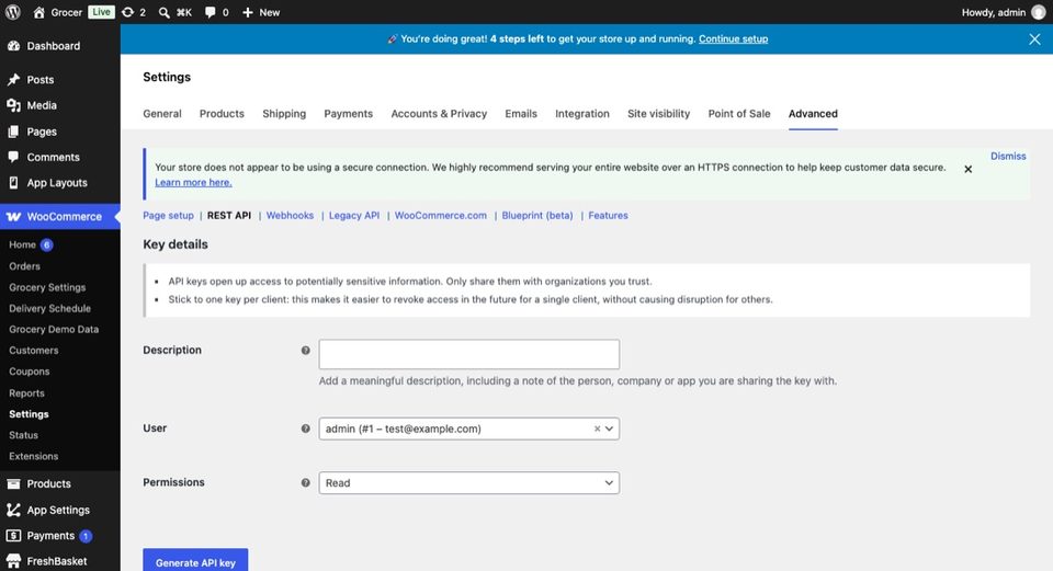 WooCommerce → Settings → Advanced → REST API → Add key.
