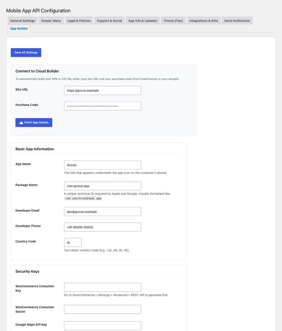 App Settings → App Builder: connect, fill the form, upload the pictures and press the build button.