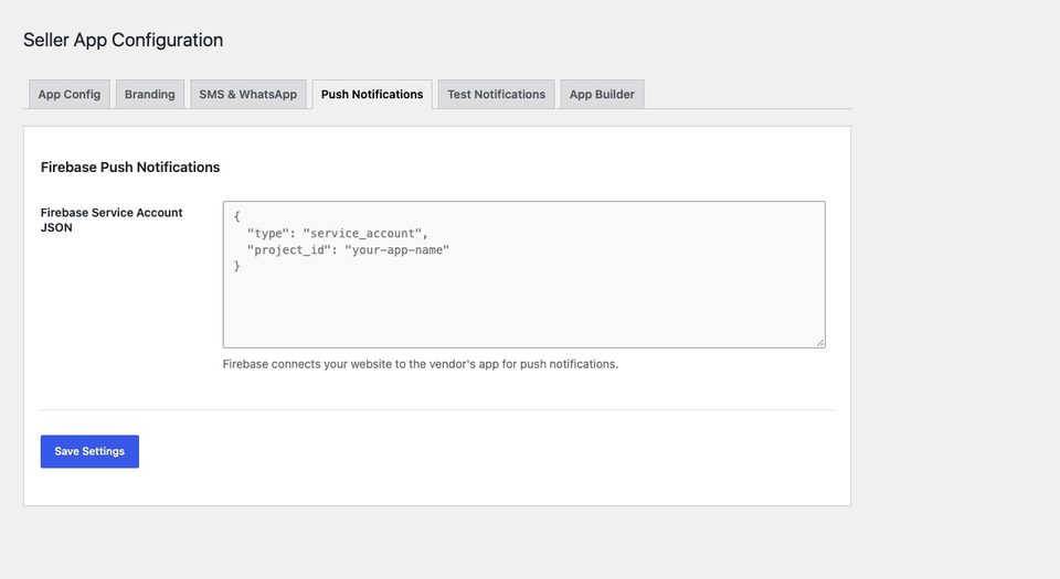 تبويب Push Notifications: يوضع هنا حساب خدمة Firebase.