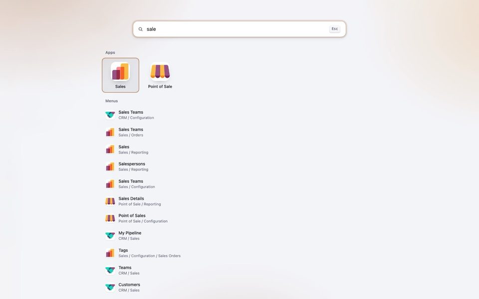 البحث عن «sale» يعرض التطبيقات أولًا ثم كل قائمة مع مسارها.
