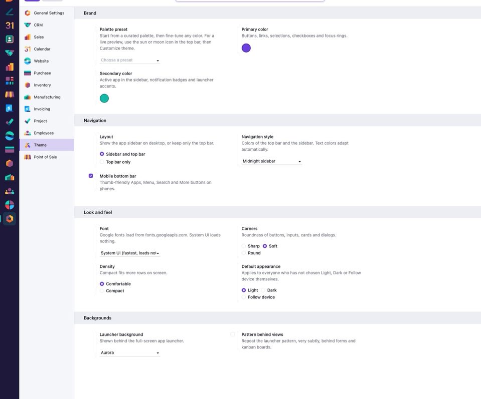 Settings → Theme: Brand وNavigation وLook and feel وBackgrounds.