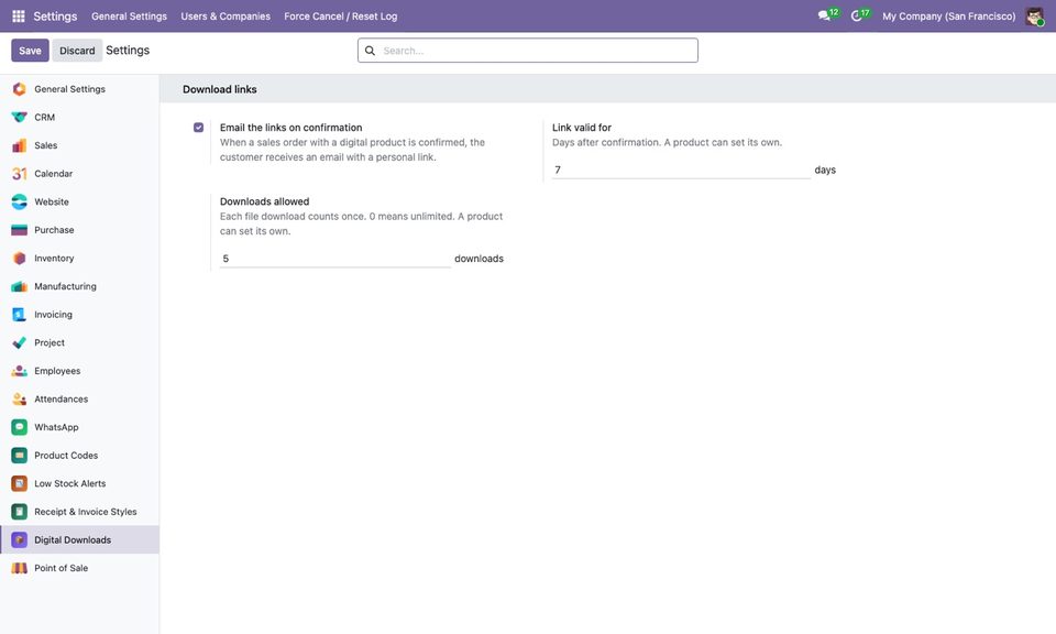 Email on confirmation, validity in days and downloads allowed.