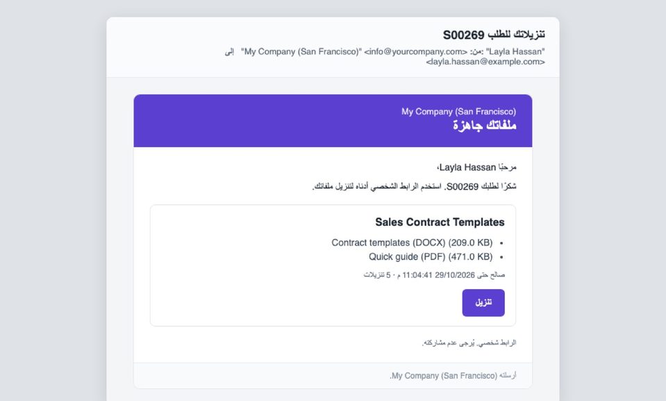 The same email for an Arabic-speaking customer, right to left.